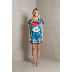 Custo Barcelona Silk Graphic Tunic Mini Dress Multicolor Lips Print Beaded Size